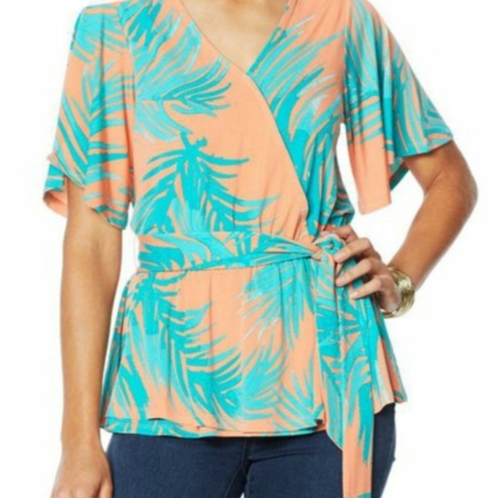 IMAN vneck short flare sleeve tropical leaf print orange & green blouse sz XL